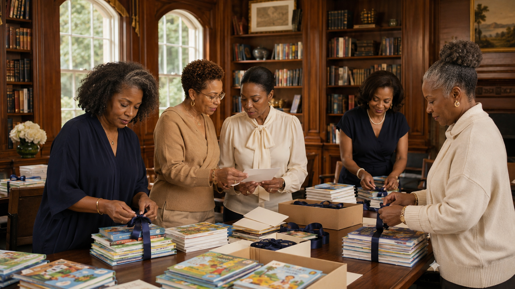 Editorial image of women organizing books for a literacy project.