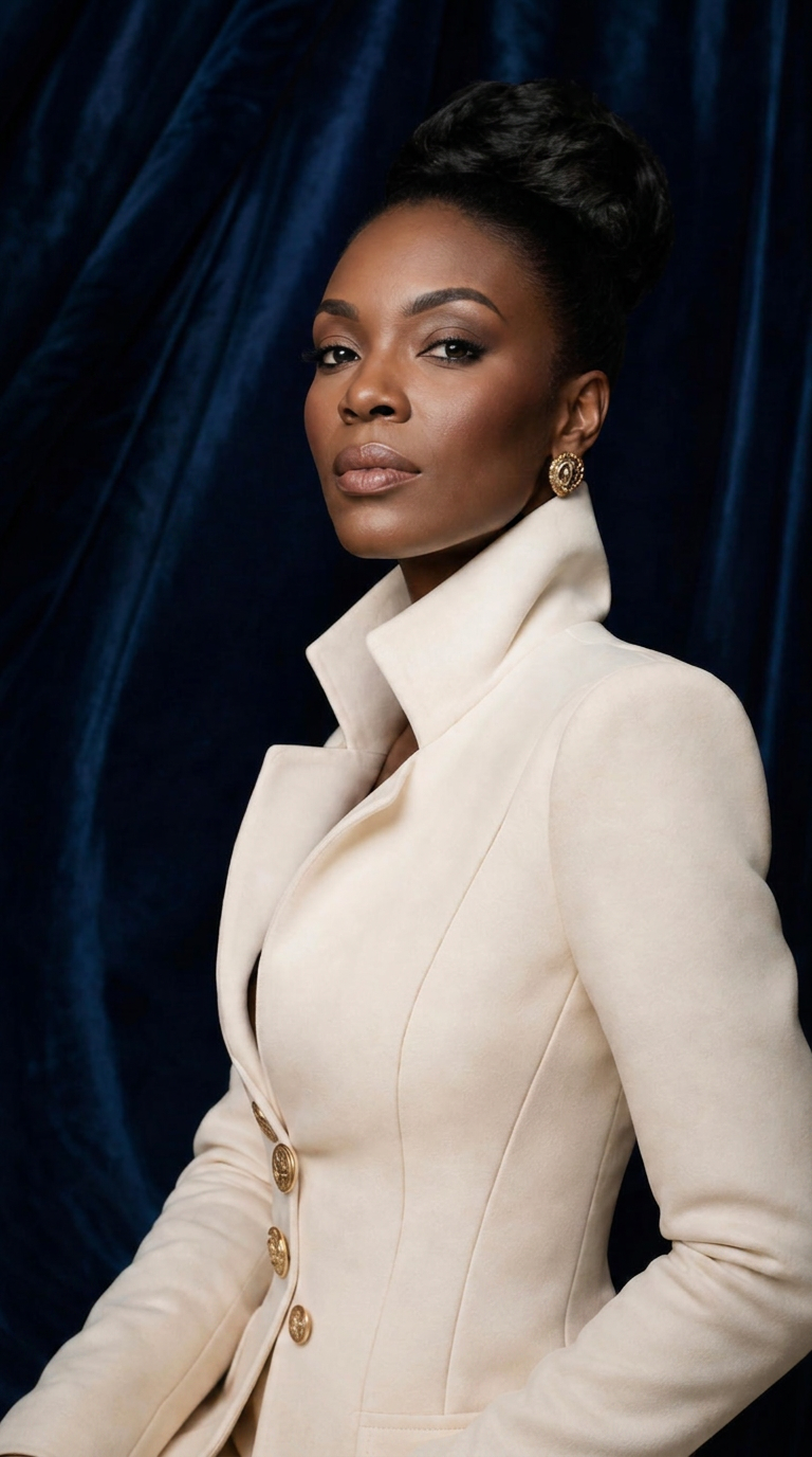 Editorial portrait of a woman in an ivory suit against navy velvet.