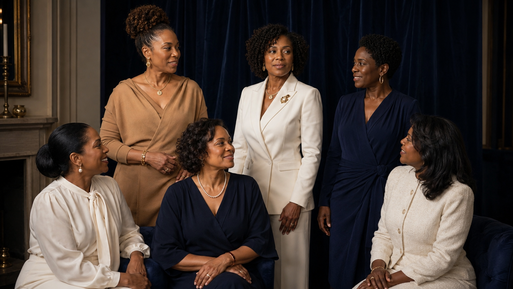 Editorial portrait of six women gathered in a navy salon.