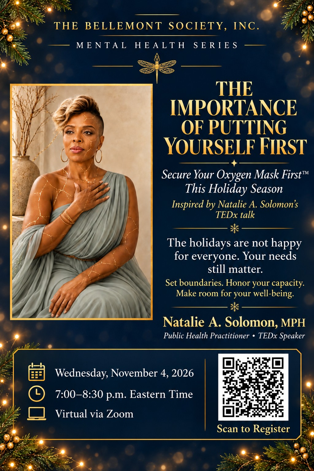 The Bellemont Society Mental Health Series flyer for The Importance of Putting Yourself First: Secure Your Oxygen Mask First™ This Holiday Season, featuring Natalie A. Solomon, MPH, on Wednesday, November 4, 2026, from 7:00 to 8:30 p.m. Eastern Time, virtual via Zoom.