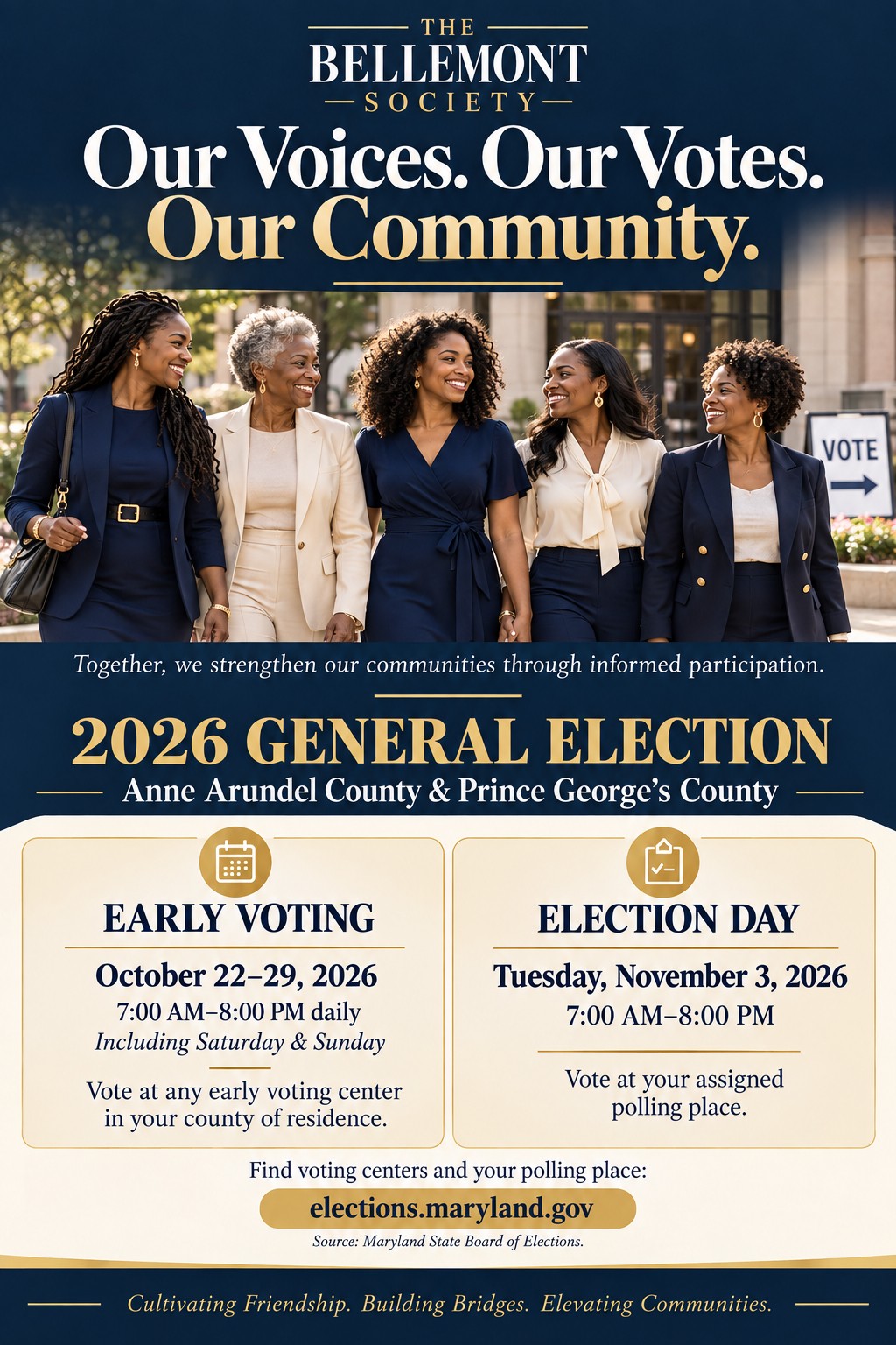 Bellemont Society nonpartisan voter-education flyer titled ‘Our Voices. Our Votes. Our Community,’ showing the 2026 early-voting and Election Day dates for Anne Arundel County and Prince George’s County.