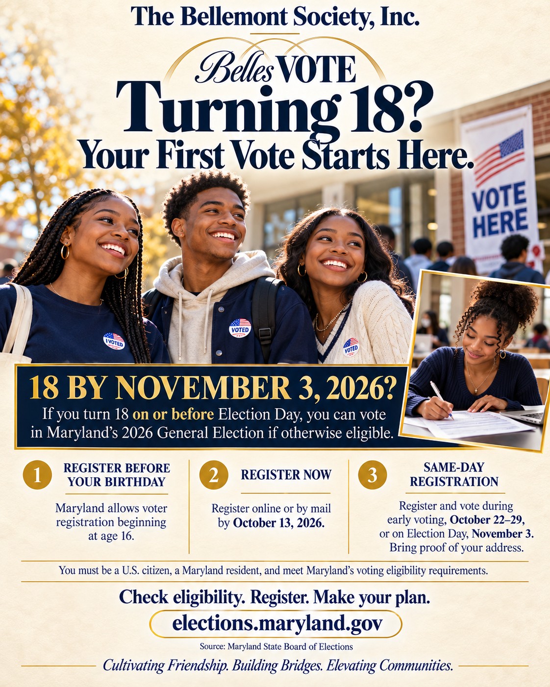 Bellemont Society voter-education flyer titled ‘Turning 18? Your First Vote Starts Here,’ explaining Maryland voter registration options for eligible residents who will be 18 by November 3, 2026.